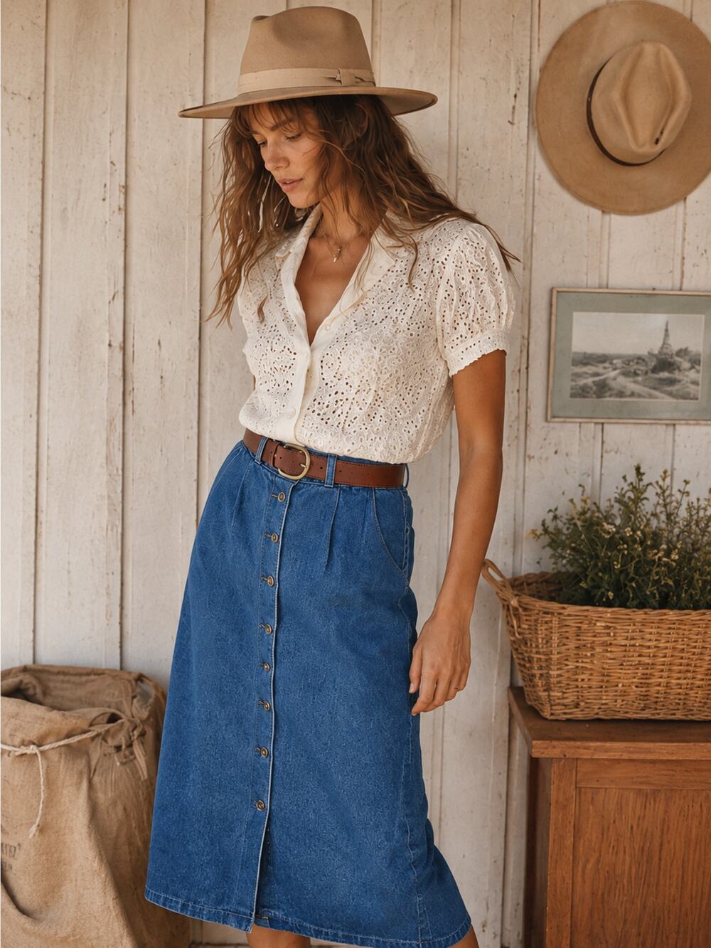 VINTAGE Illustrations Denim Button Front Midi Skirt Size 4 (26")